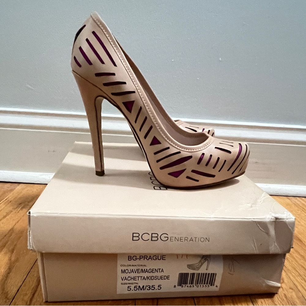 BCBGeneration Tan and Purple High Heels